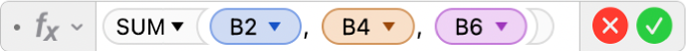 公式编辑器显示公式 =SUM(B2, B4, B6)。