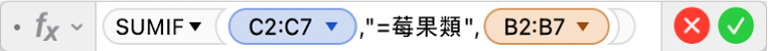 「公式編輯器」顯示公式 =SUMIF(C2:C7,"=莓果類",B2:B7)。