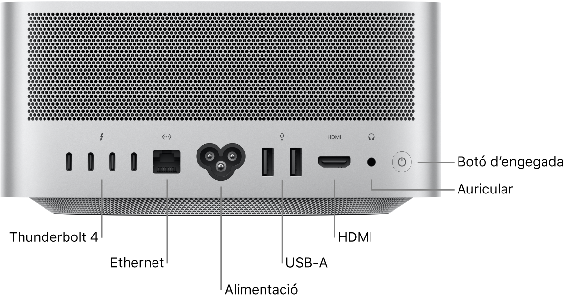 La part posterior del Mac Studio, en què es veuen quatre ports Thunderbolt 4 (USB-C), el port Gigabit Ethernet, el port d’alimentació, dos ports USB-A, el port HDMI, l’entrada d’auriculars de 3,5 mm i el botó d’engegada.