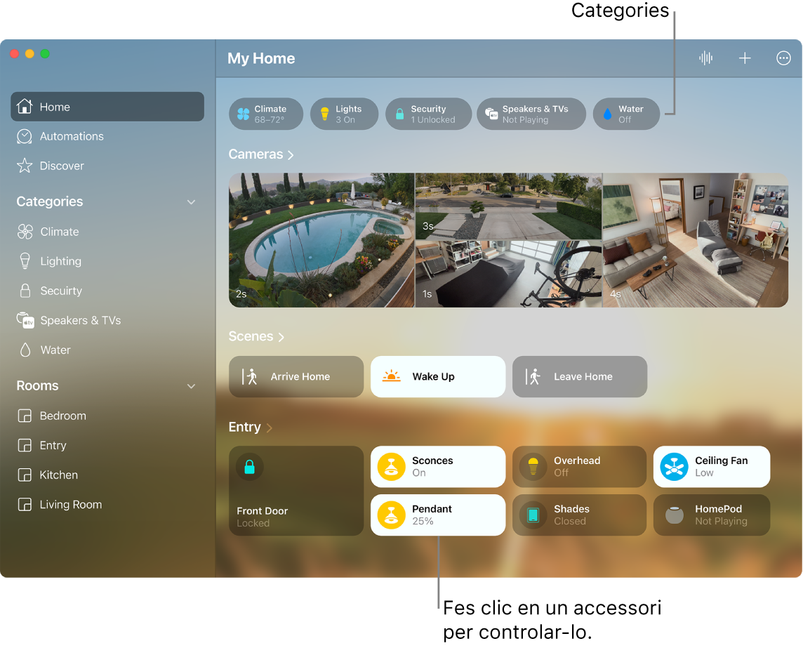 L’app Casa amb diferents categories, ambients favorits i accessoris favorits.