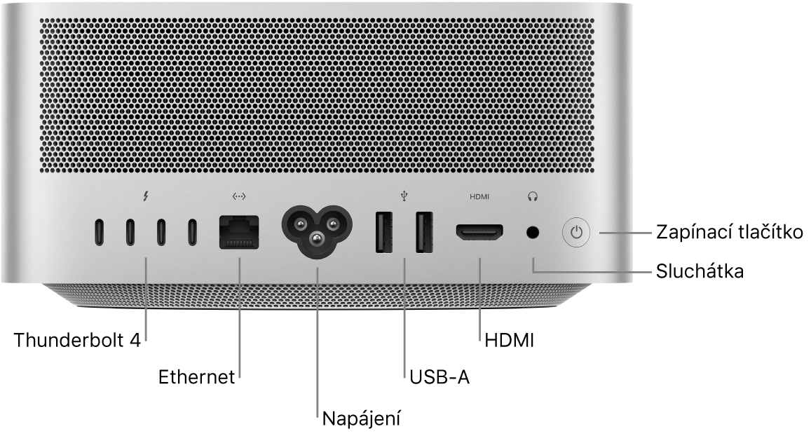 Pohled na zadní stranu Macu Studio se čtyřmi porty Thunderbolt 4 (USB‑C), portem gigabitového Ethernetu, napájecí zdířkou, dvěma USB‑A porty, HDMI portem, 3,5mm sluchátkovou zdířkou a zapínacím tlačítkem