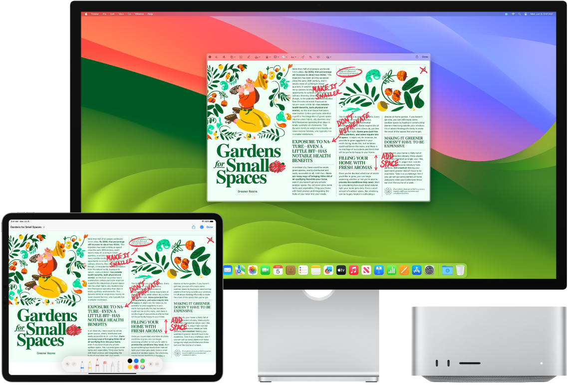 En Mac Studio og en iPad ved siden af hinanden. Begge skærme viser en artikel dækket af håndskrevne røde redigeringer, f.eks. overstregede sætninger, pile og tilføjede ord. iPad har også markeringsmuligheder nederst på skærmen.