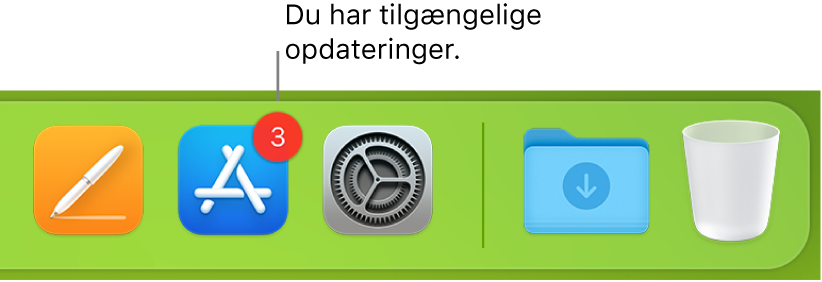 En del af Dock, der viser symbolet for App Store med et mærke, som viser, at der er tilgængelige opdateringer.