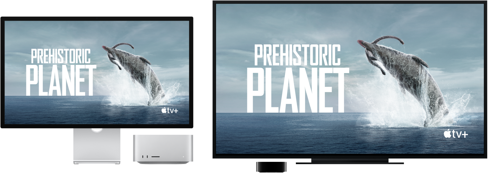 Ein Mac Studio, dessen Inhalt auf einem großen HDTV-Gerät über ein Apple TV gespiegelt wird