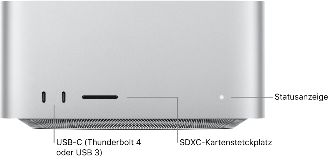 Vorderseite des Mac Studio mit zwei USB-C-Anschlüssen, dem SDXC-Kartensteckplatz und der Statusanzeige