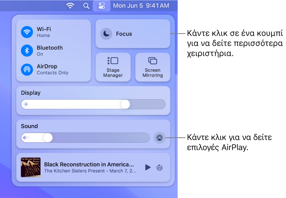 Μεγεθυμένη προβολή του Κέντρου ελέγχου στο Mac.