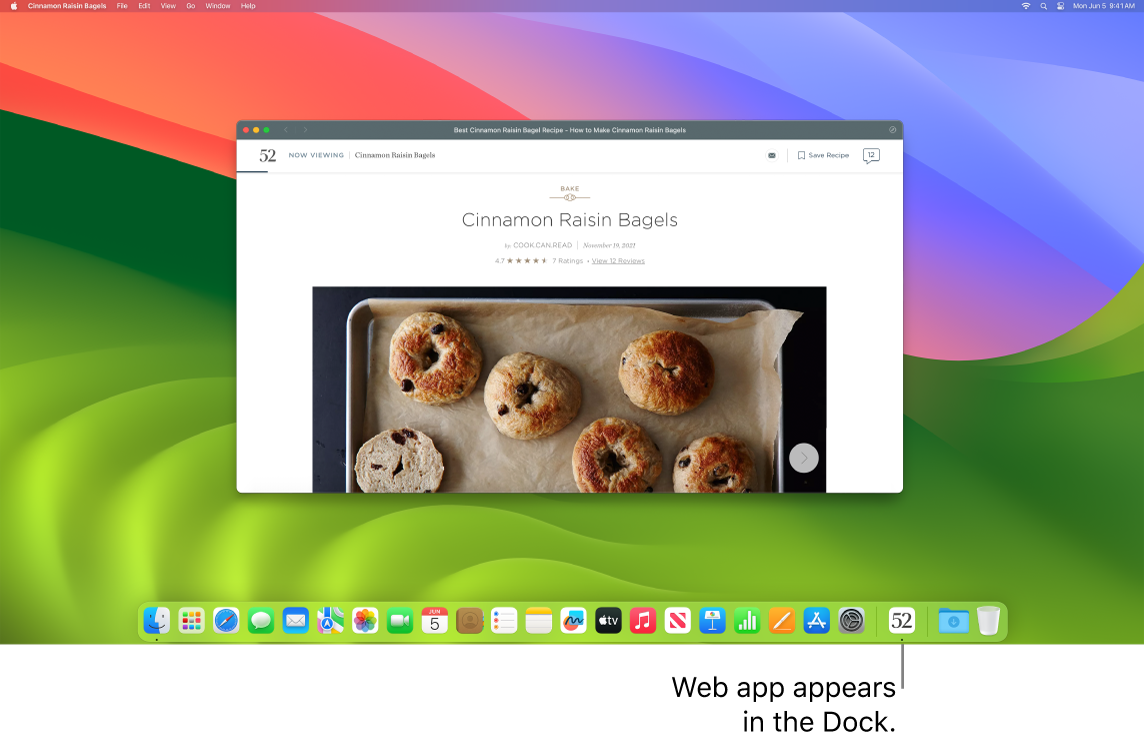 An open web app with its icon in the Dock.