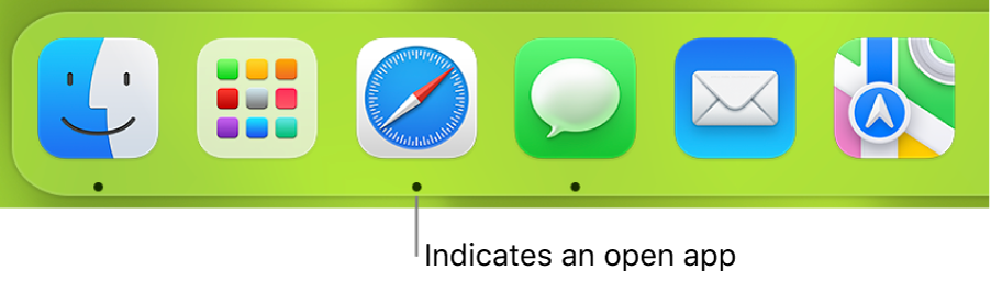 A portion of the Dock showing black dots beneath open apps.