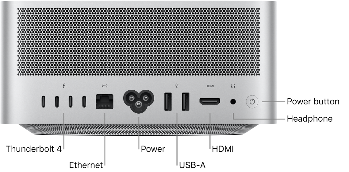 The back of Mac Studio showing four Thunderbolt 4 (USB-C) ports, the Gigabit Ethernet port, the power port, two USB-A ports, the HDMI port, 3.5 mm headphone jack, and the power button.