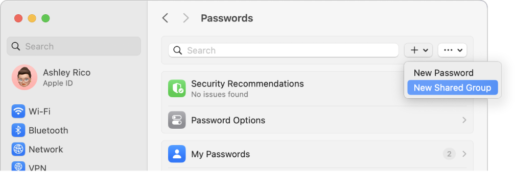 The Passwords pane in System Settings showing a group of passwords shared with three people.