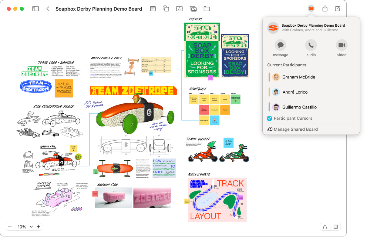 A Freeform board with the collaboration tab open and examples of a brainstorming session.