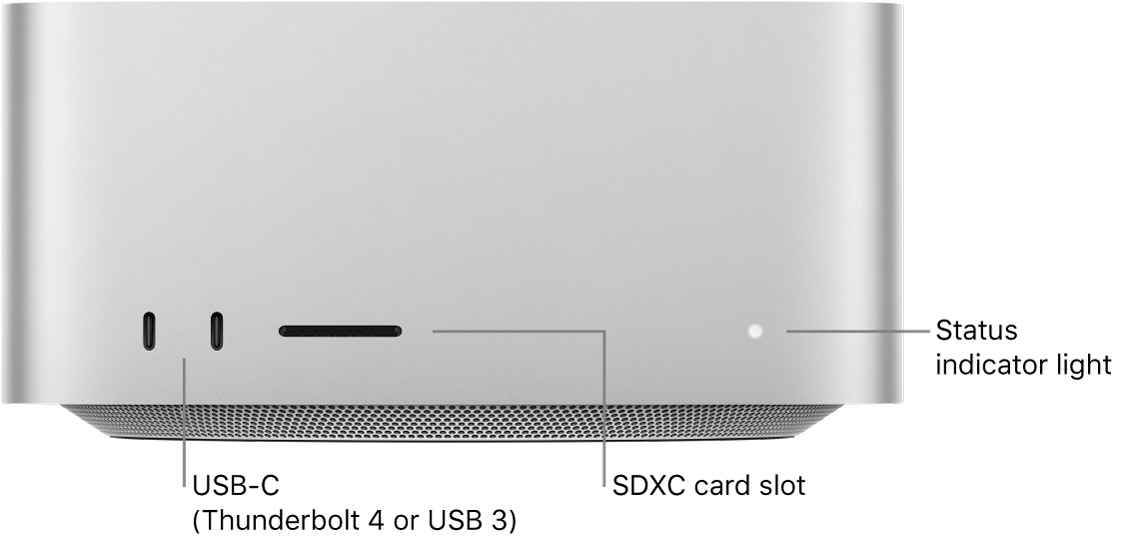 The front of Mac Studio showing two USB-C ports, the SDXC card slot, and the status indicator light.