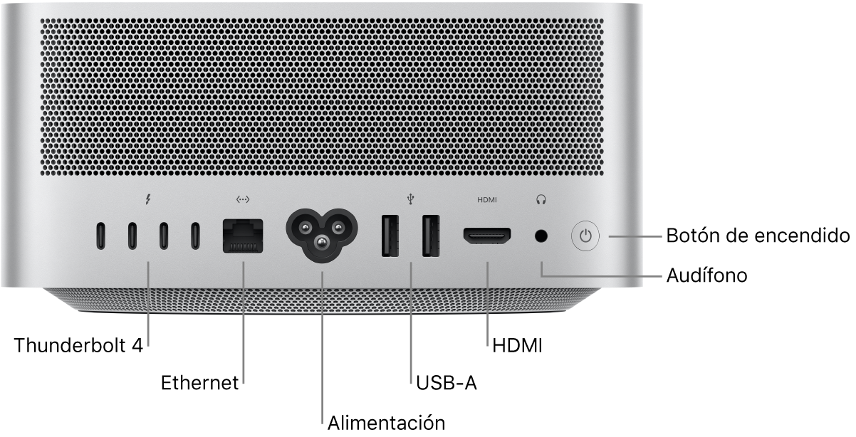 La parte posterior de la Mac Studio mostrando cuatro puertos Thunderbolt 4 (USB-C), el puerto Gigabit Ethernet, el puerto de alimentación, dos puertos USB-A, un puerto HDMI, un conector para audífonos de 3.5 mm, y el botón de encendido.