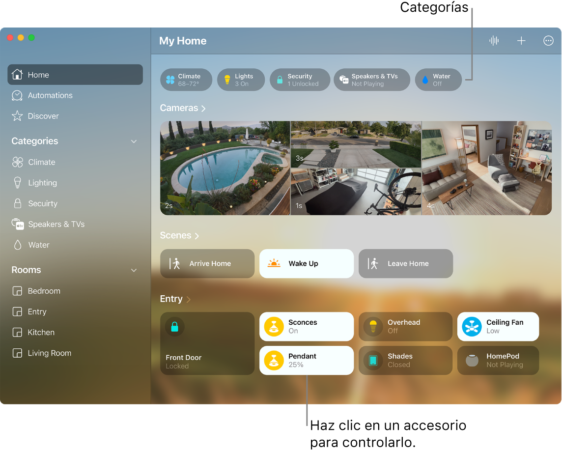 La app Casa mostrando categorías, las ambientaciones y los accesorios favoritos.