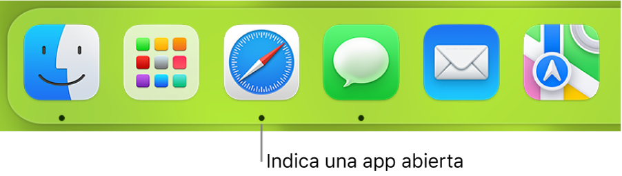 Una parte del Dock donde se ven puntos negros debajo de las apps abiertas.