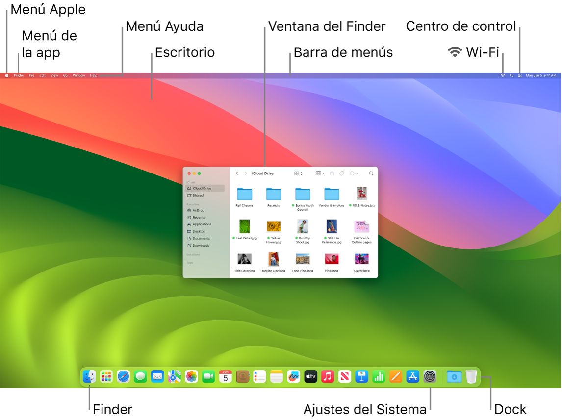 Pantalla del Mac con el menú Apple, el menú de la app, el menú Ayuda, el escritorio, la barra de menús, una ventana del Finder, el icono de Wi-Fi, el icono del centro de control, el icono del Finder, el icono de Ajustes del Sistema y el Dock.