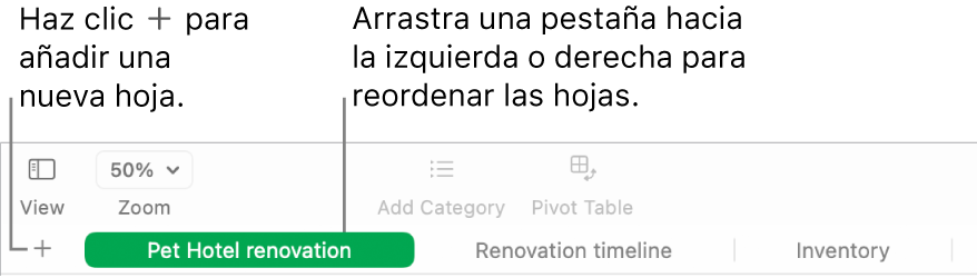 Ventana de Numbers donde se muestra cómo añadir una nueva hoja y cómo reordenar las hojas.