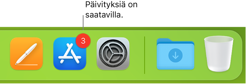 Dockin osa, jossa näkyy App Store -kuvake, jossa oleva merkki osoittaa, että päivityksiä on saatavilla.