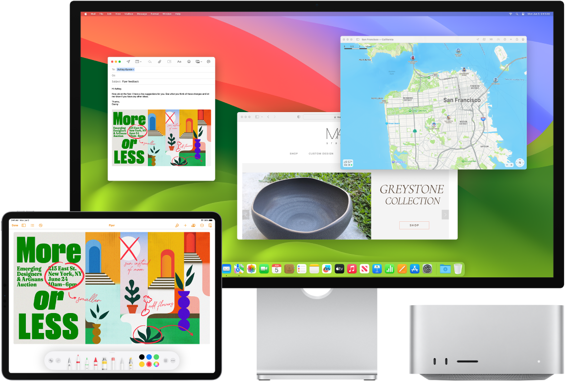 Mac Studio ja iPad vierekkäin. iPadin näytöllä näkyy esite, johon on tehty merkintöjä. Mac Studion näytöllä on Mail-viesti ja liitteenä iPadista esite, johon on tehty merkintöjä.