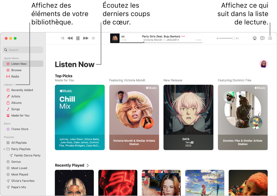 La fenêtre de l’app Musique indiquant comment afficher votre bibliothèque, écouter Apple Music et voir le prochain morceau.