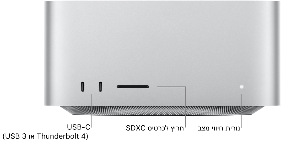 חלקו הקדמי של ה-Mac Studio מציג שתי יציאות USB-C, את החריץ של כרטיס ה-SDXC ואת נורית מחוון המצב.