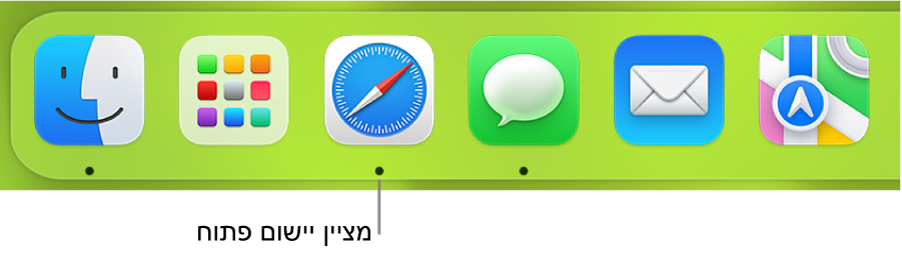 קטע מתוך ה-Dock המציג נקודות שחורות מתחת ליישומים הפתוחים.