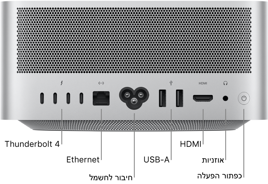החלק האחורי של Mac Studio מציג ארבע יציאות Thunderbolt 4 (USB-C), את יציאת ה-Gigabit Ethernet, את שקע החשמל, שתי יציאות USB-A, את יציאת ה-HDMI, מחבר אוזניות של 3.5 מ״מ ואת כפתור ההפעלה.