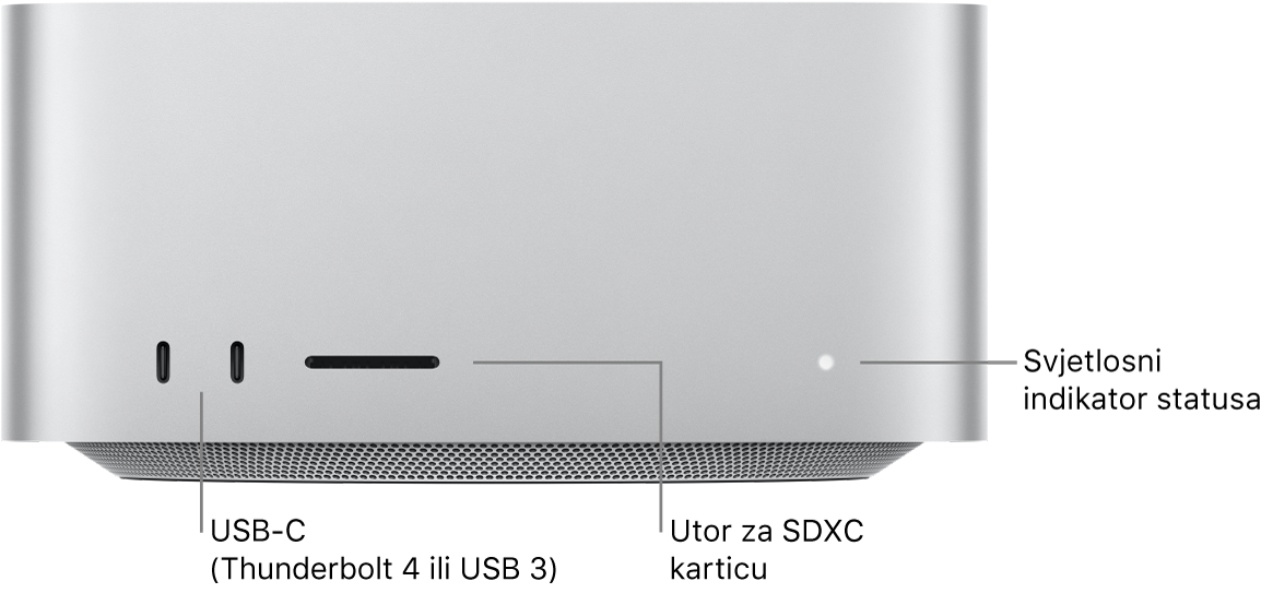 Prednja strana računala Mac Studio pokazuje dvije USB-C priključnice, utor za SDXC karticu i svjetlosni indikator stanja.