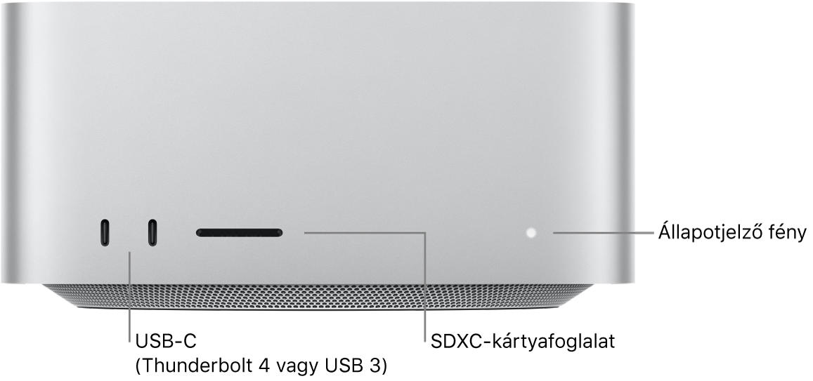 A Mac Studio elülső oldala két USB-C-porttal, az SDXC-kártyanyílással és az állapotjelző fénnyel.