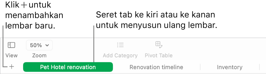 Jendela Numbers menampilkan cara untuk menambah lembar baru dan menyusun ulang lembar.