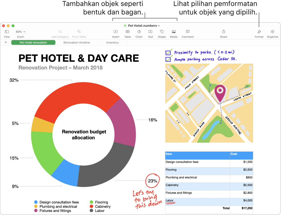 Jendela Numbers dengan bar alat dan alat pengeditannya di bagian atas, tombol Kolaborasi di dekat kanan atas, dan tombol Format serta Kelola di sebelah kanan.