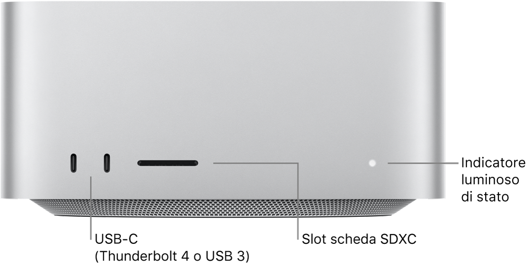 Il lato anteriore di Mac Studio che mostra due porte USB-C, lo slot scheda SDXC e l'indicatore luminoso di stato.
