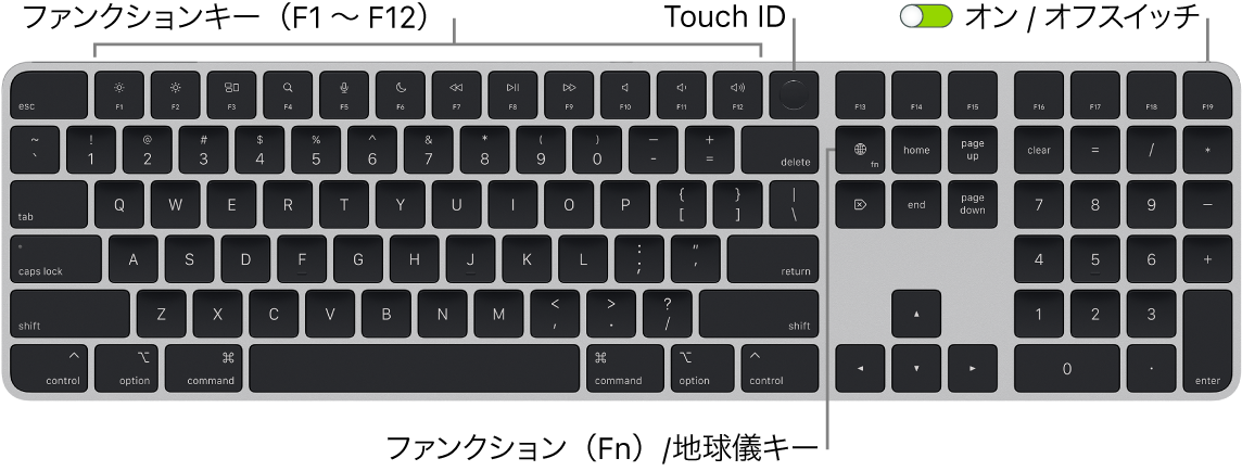 Touch IDを搭載したテンキー付きMagic Keyboard。1列に並んだファンクションキー、上部にTouch ID、Deleteキーの右側にファンクション（Fn）/地球儀キーが示されています。