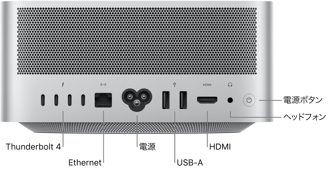 Mac Studioの背面。4つのThunderbolt 4（USB-C）ポート、ギガビットEthernetポート、電源ポート、2つのUSB-Aポート、HDMIポート、3.5 mmのヘッドフォンジャック、電源ボタンが示されています。