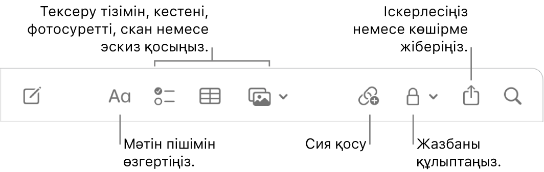 Мәтін пішіміне, тексеру тізіміне, кестеге, сілтемеге, фотосуреттерге/мультимедиаға, құлыпқа, бөлісу және көшірме жіберу құралдарына тілше деректері бар Notes құралдар тақтасы.