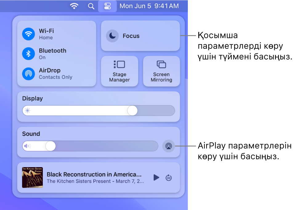 Mac компьютеріңіздегі Control Center терезесінің үлкейтілген көрінісі.