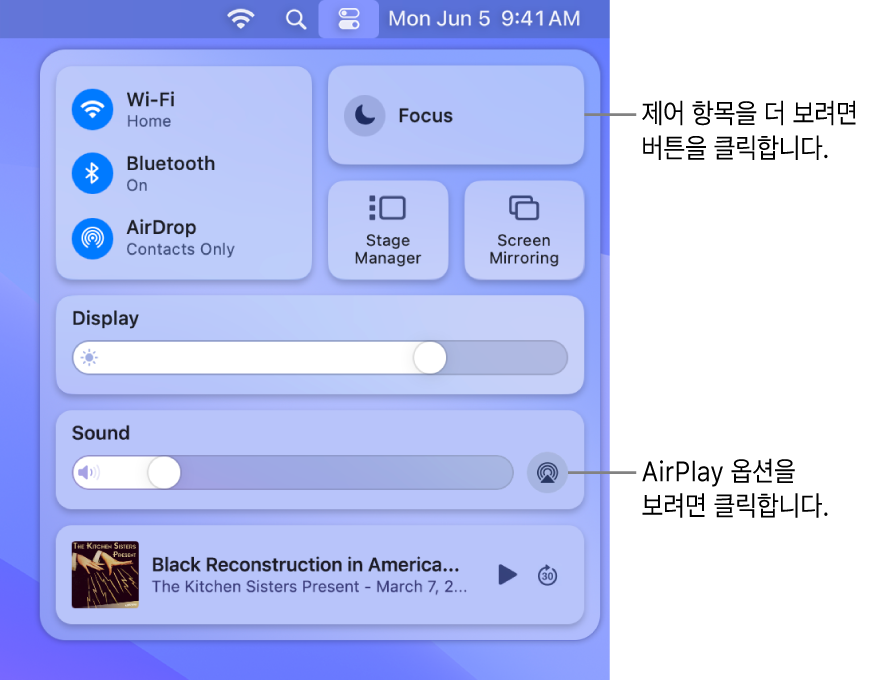Mac용 제어 센터의 확대된 보기.