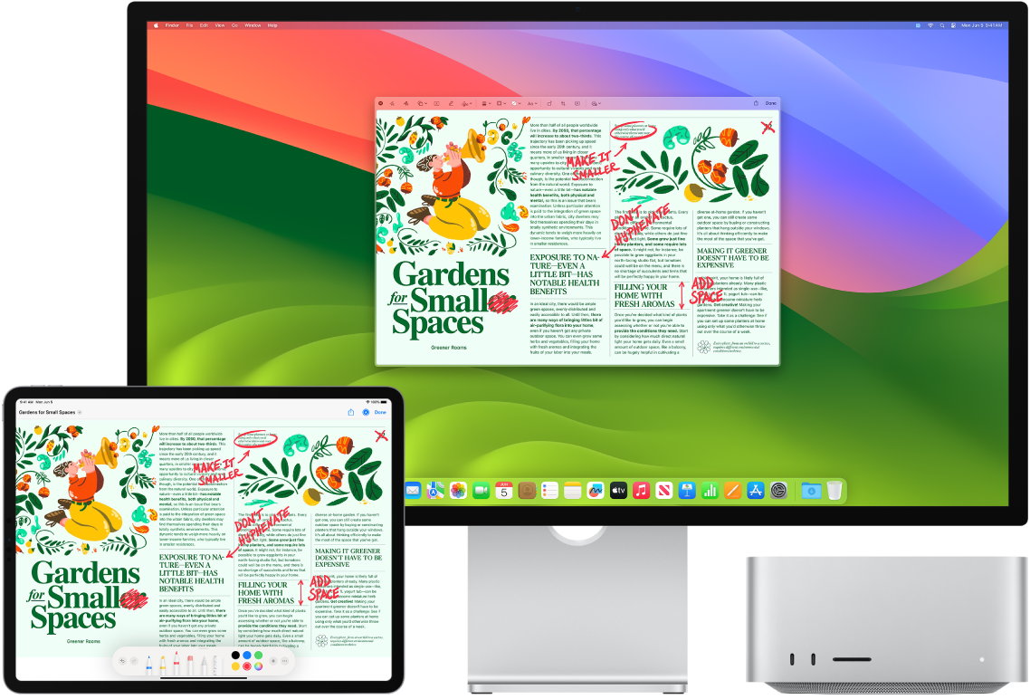 En Mac Studio og en iPad side om side. Begge skjermene viser en artikkel som er full av håndskrevne, røde merknader, for eksempel utkryssede setninger, piler og ekstra ord. På iPaden vises også kontroller for merking nederst på skjermen.