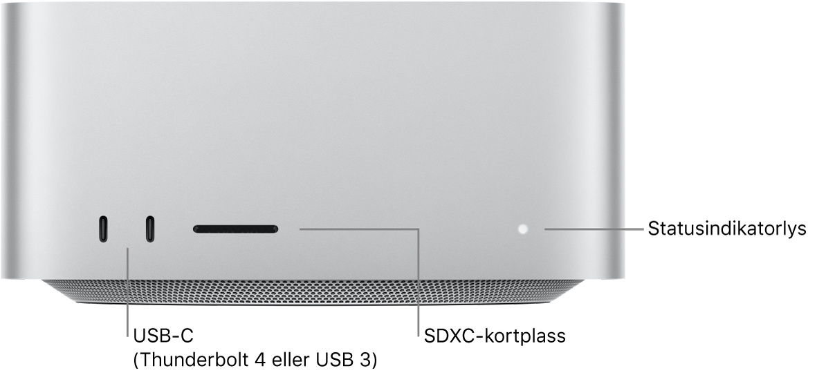 Forsiden av Mac Studio som viser to USB-C-porter, SDXC-kortplassen og statusindikatorlyset.