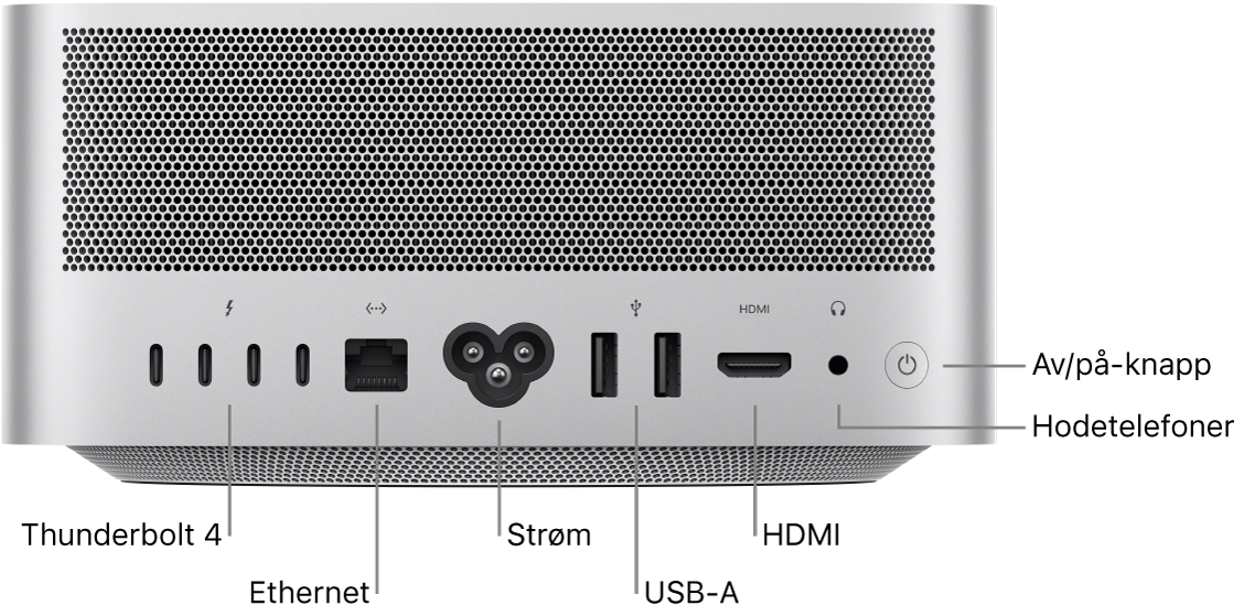 Baksiden av Mac Studio med fire Thunderbolt 4-porter (USB-C), Gigabit Ethernet-port, strøminntak, to USB-A-porter, HDMI-port, hodetelefonutgang (3,5 mm) og av/på-knapp.
