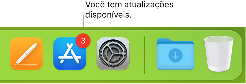 Parte do Dock mostrando o ícone da App Store com um aviso, indicando que há atualizações disponíveis.