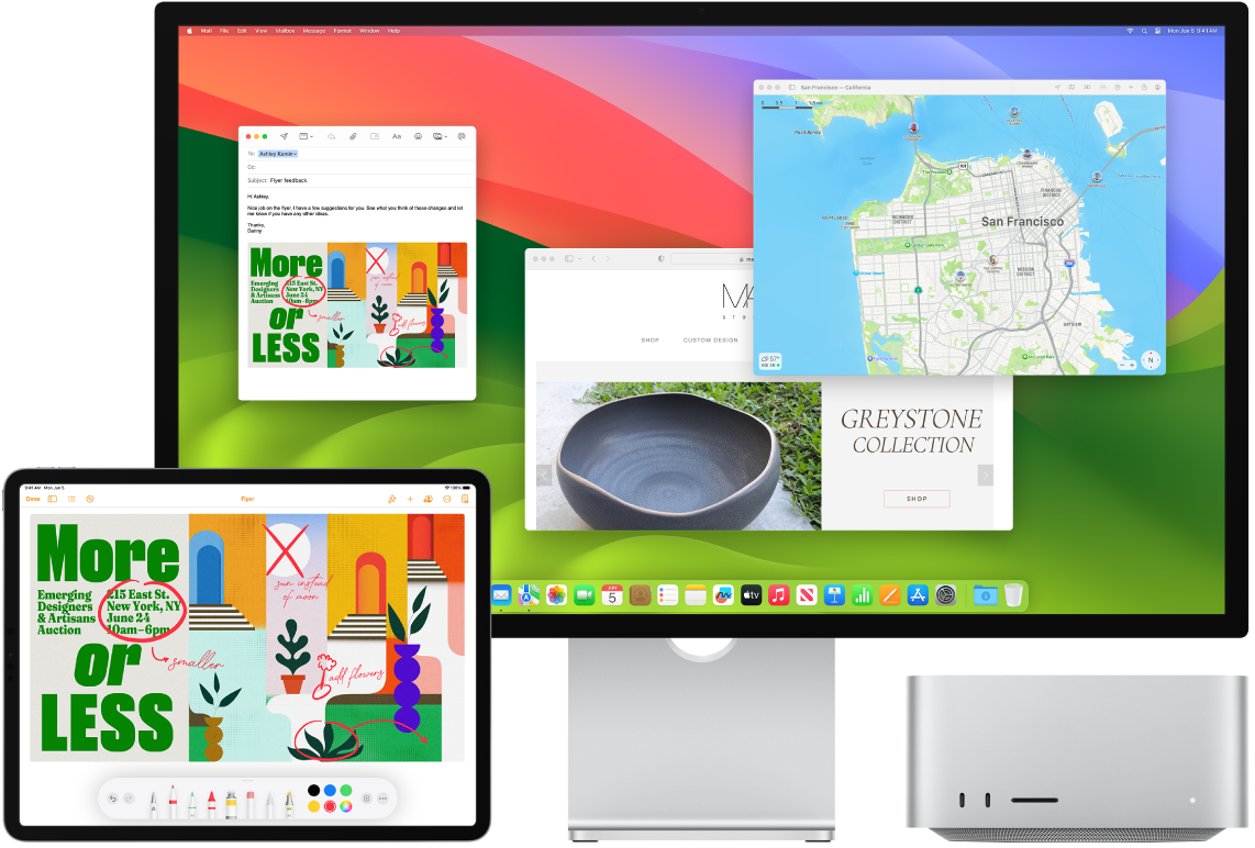 Um Mac Studio e um iPad lado a lado. A tela do iPad mostra um panfleto com anotações. A tela do Mac Studio tem uma mensagem do Mail com o panfleto anotado no iPad como anexo.
