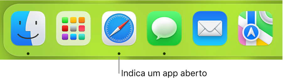 Uma parte do Dock exibindo pontos pretos abaixo dos apps abertos.