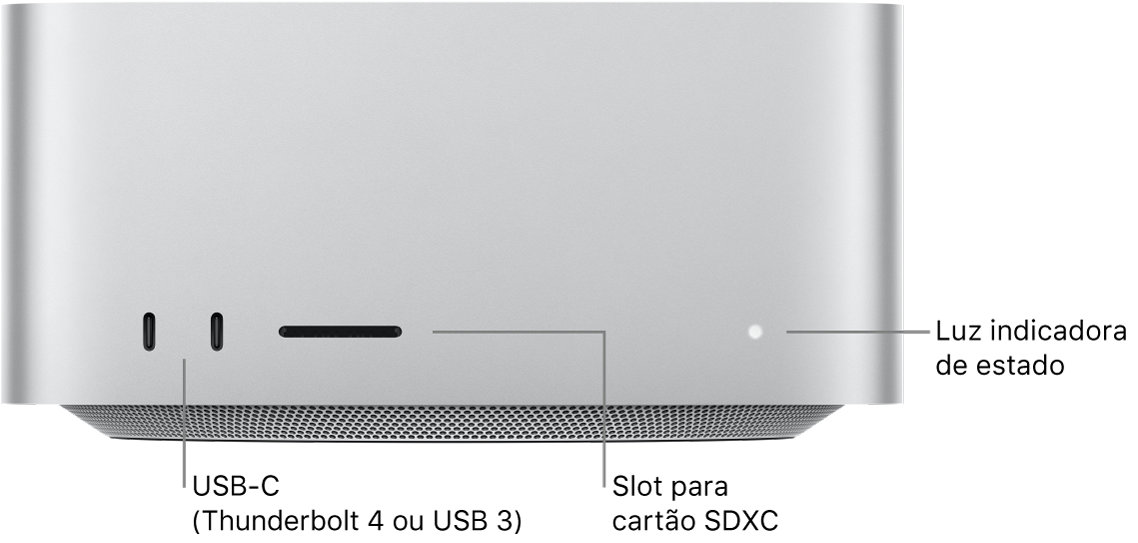 A frente do Mac Studio mostrando duas portas USB-C, o slot de cartão SDXC e a luz indicadora de estado.