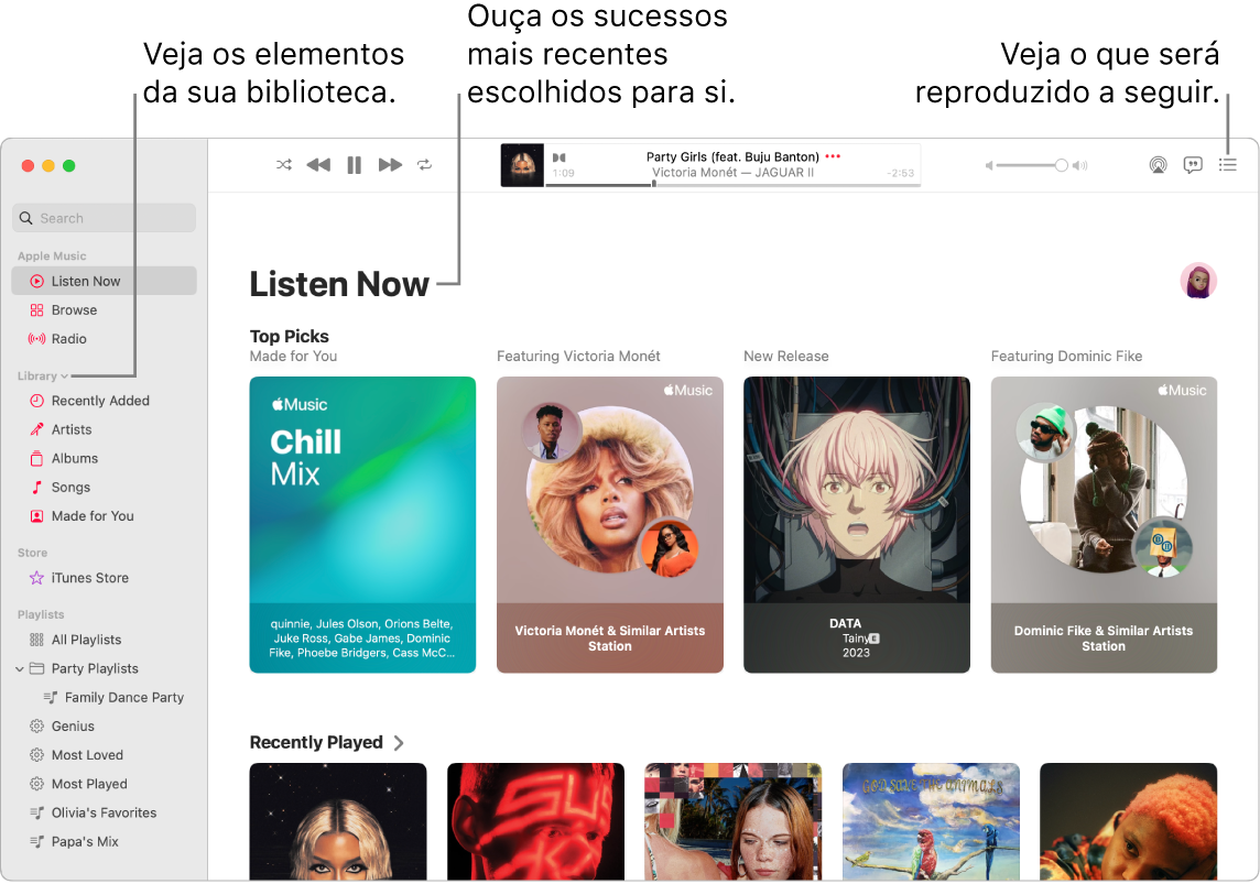 Uma janela da aplicação Música mostra como ver a biblioteca, ouvir Apple Music e ver o que será reproduzido de seguida.