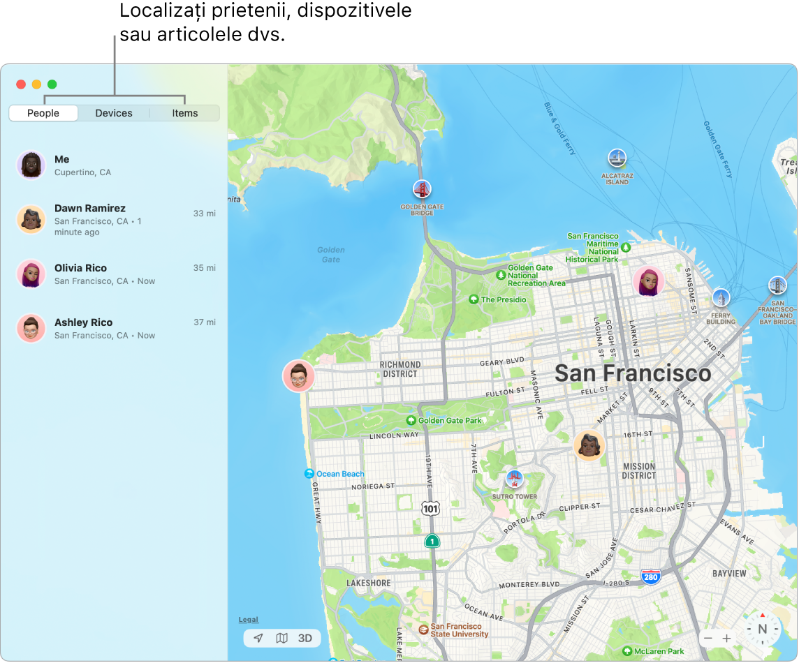 O fereastră Găsire, cu fila Persoane selectată în stânga și o hartă a orașului San Francisco în dreapta, cu localizările pentru dvs. și doi prieteni.