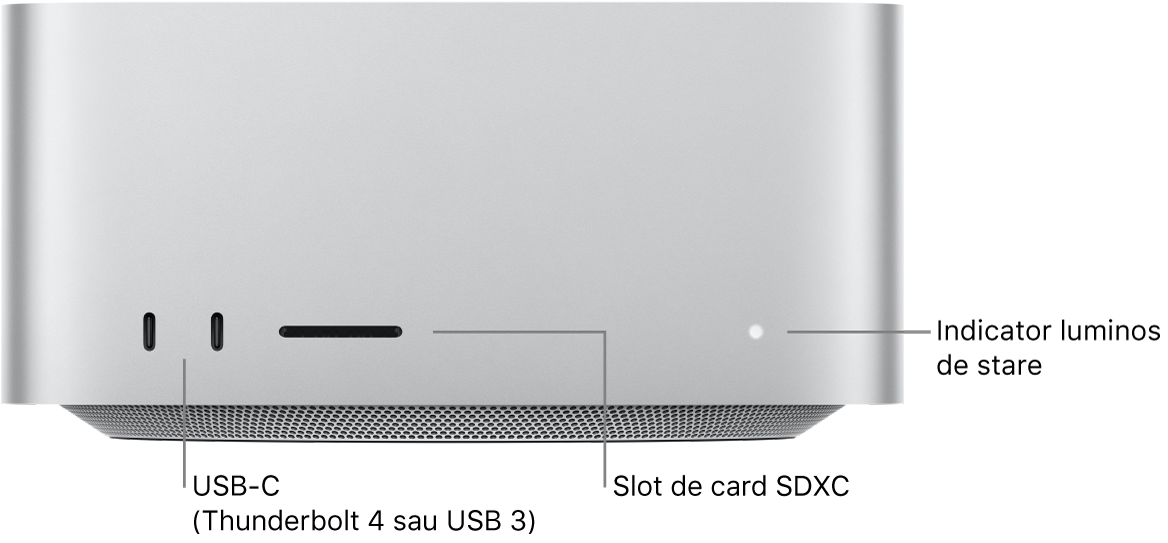 Partea frontală a Mac Studio-ului afișând două porturi USB-C, slotul de card SDXC și indicatorul luminos de stare.