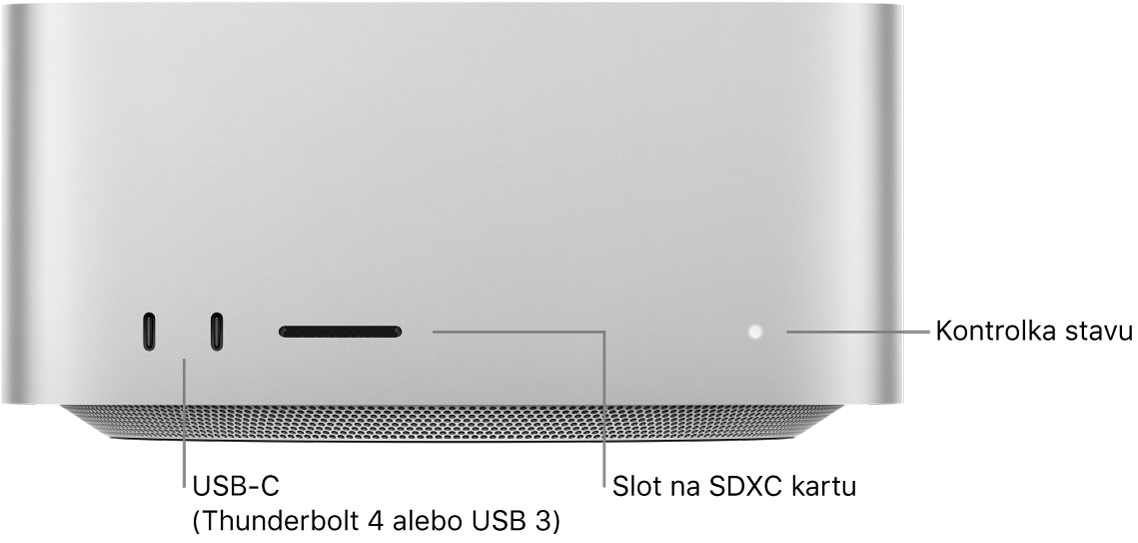 Predná časť Mac Studia zobrazujúca dva porty USB-C, slot pre karty SDXC a svetelný indikátor stavu.