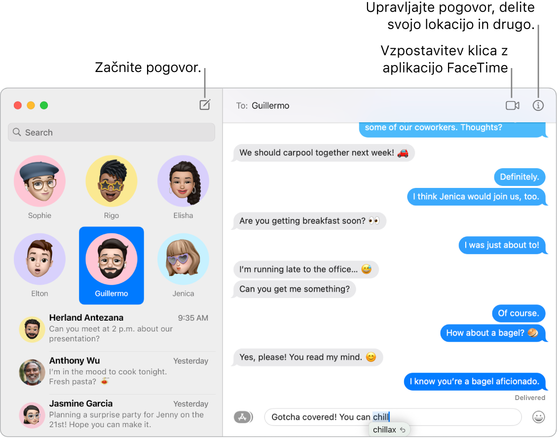 Okno aplikacije Messages, v katerem je prikazano, kako začeti pogovor in kako vzpostaviti klic FaceTime.