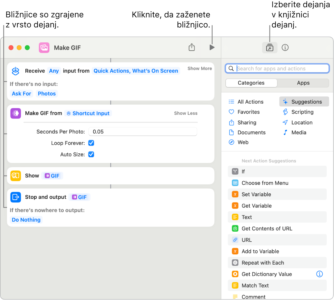 Urejevalnik bližnjic Make GIF na levi in knjižnica dejanj na desni strani.